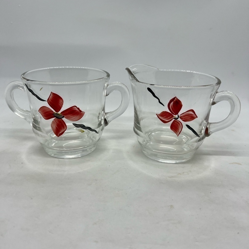 Vtg Sugar Creamer Set Handpainted Glass Poinsettia Floral Christmas Serveware